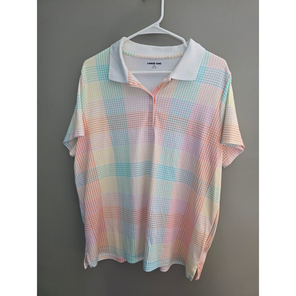 Lands End Womens 1X Pastel Plaid Supima Cotton Short Sleeve Polo Shirt Colorful